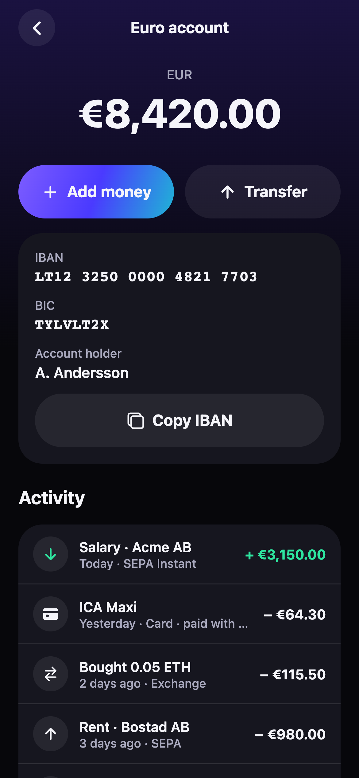 Euro account screen with IBAN and activity