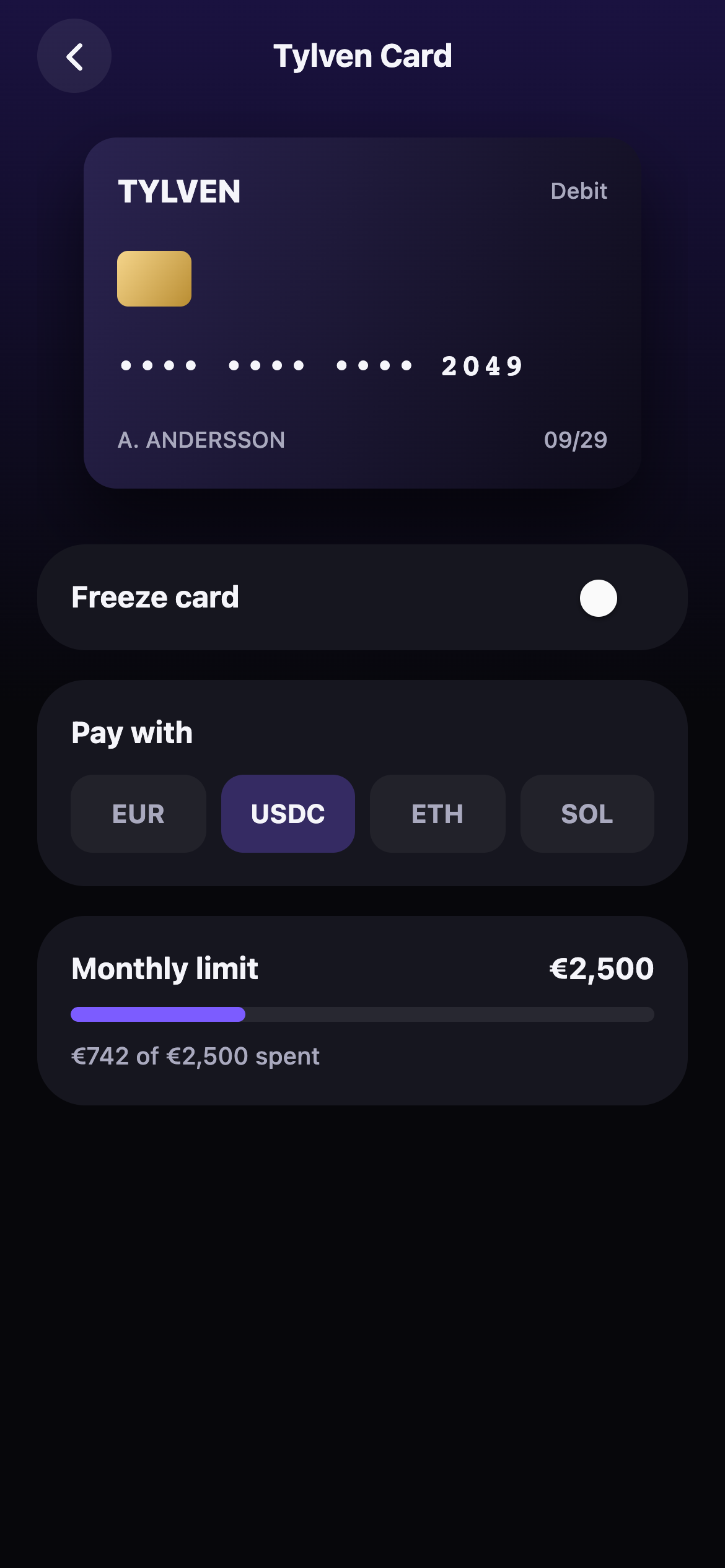 Tylven Card screen with pay-with selector