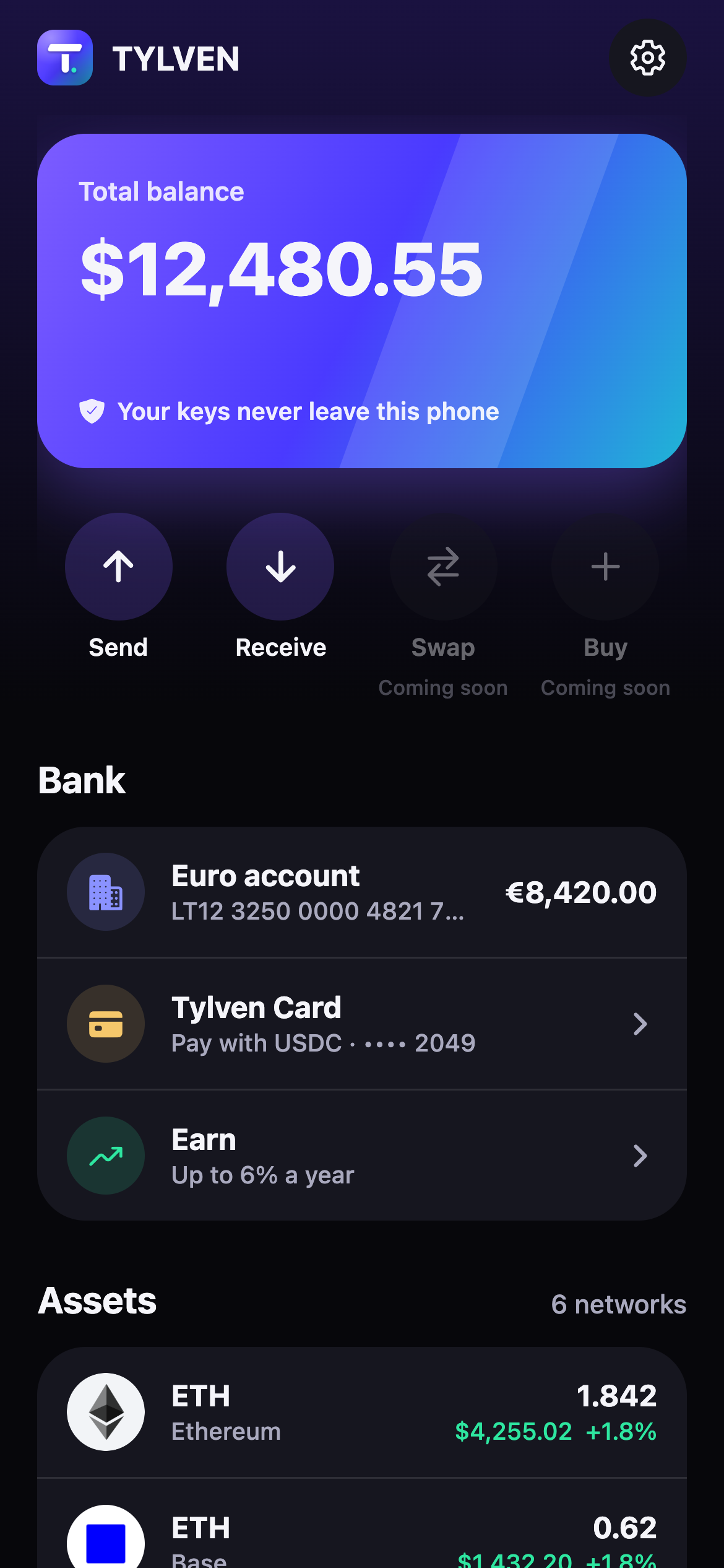 Tylven app home: test balance, send and receive, euro account €8,420.00, Tylven Card paying with USDC, Earn up to 6% a year