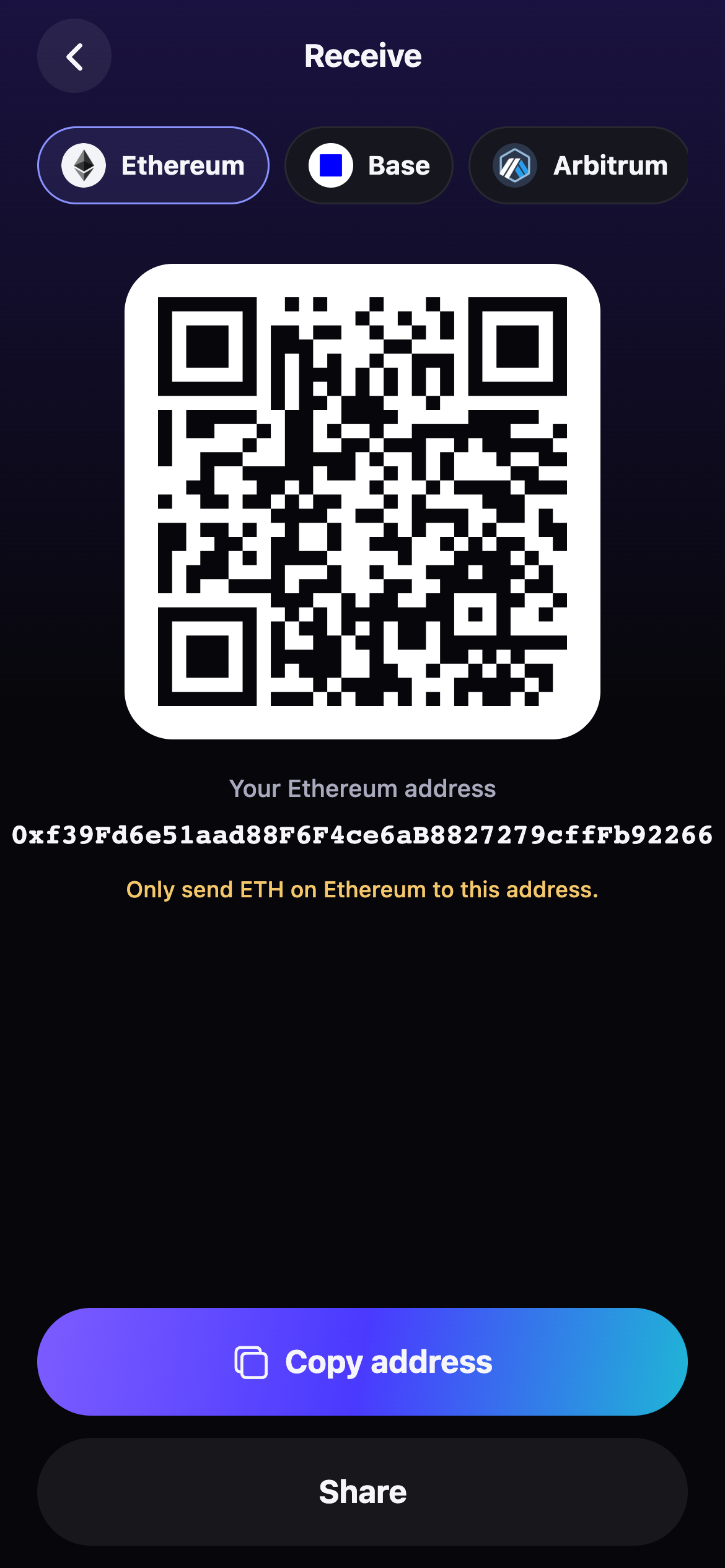 Receive screen with QR code and address